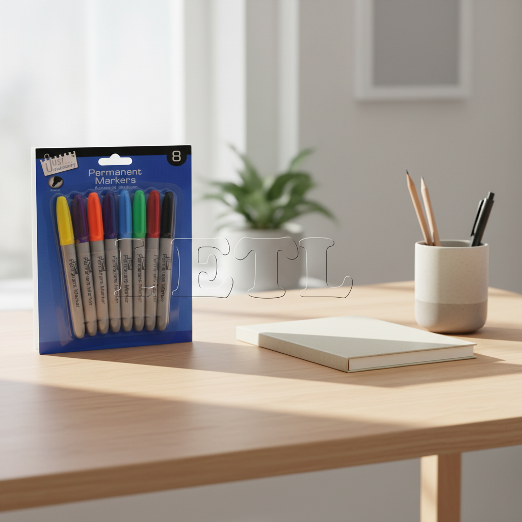 Tallon Permanent Markers 8 Pack in royal blue blister packaging on a home office desk beside a notebook, natural window light, rule of thirds composition