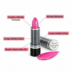 Laval Pink Lipstick Dawn Glow 38 premium feature infographic with callout labels on white background