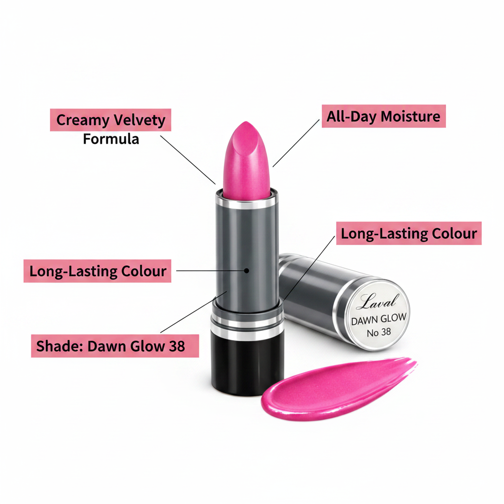 Laval Pink Lipstick Dawn Glow 38 premium feature infographic with callout labels on white background
