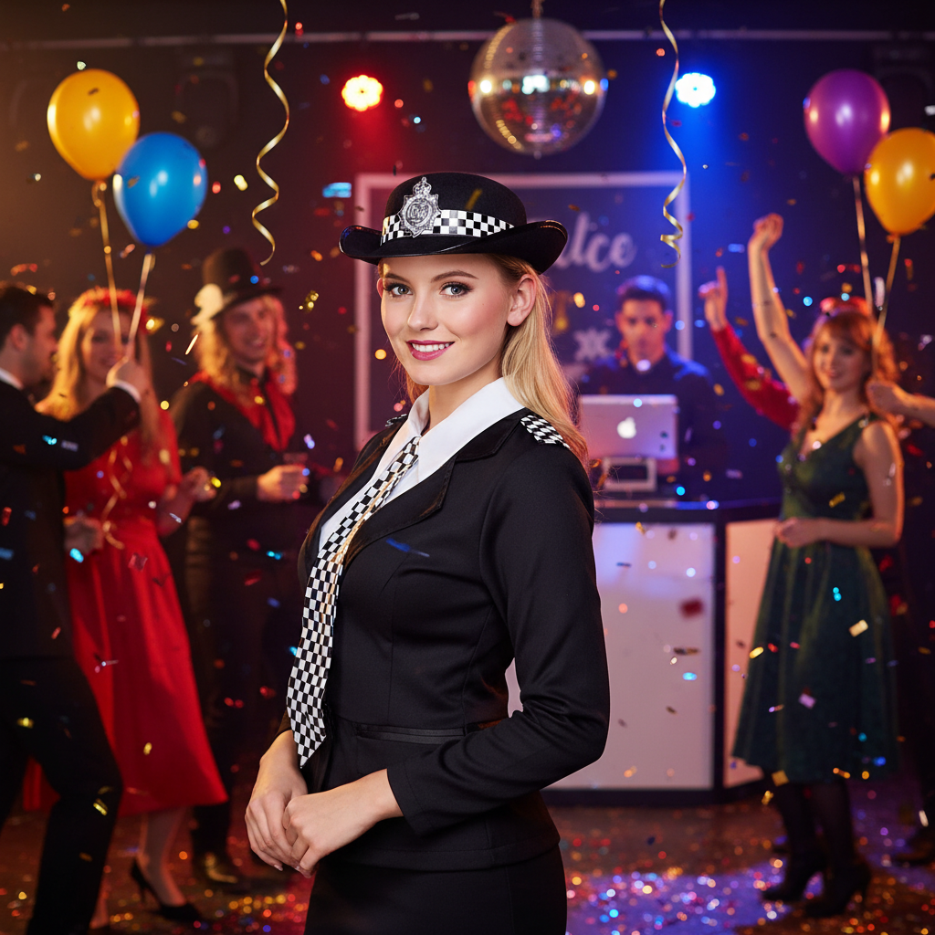 Woman wearing WPC policewoman fancy dress hat at costume party - lifestyle shot showing hat in use