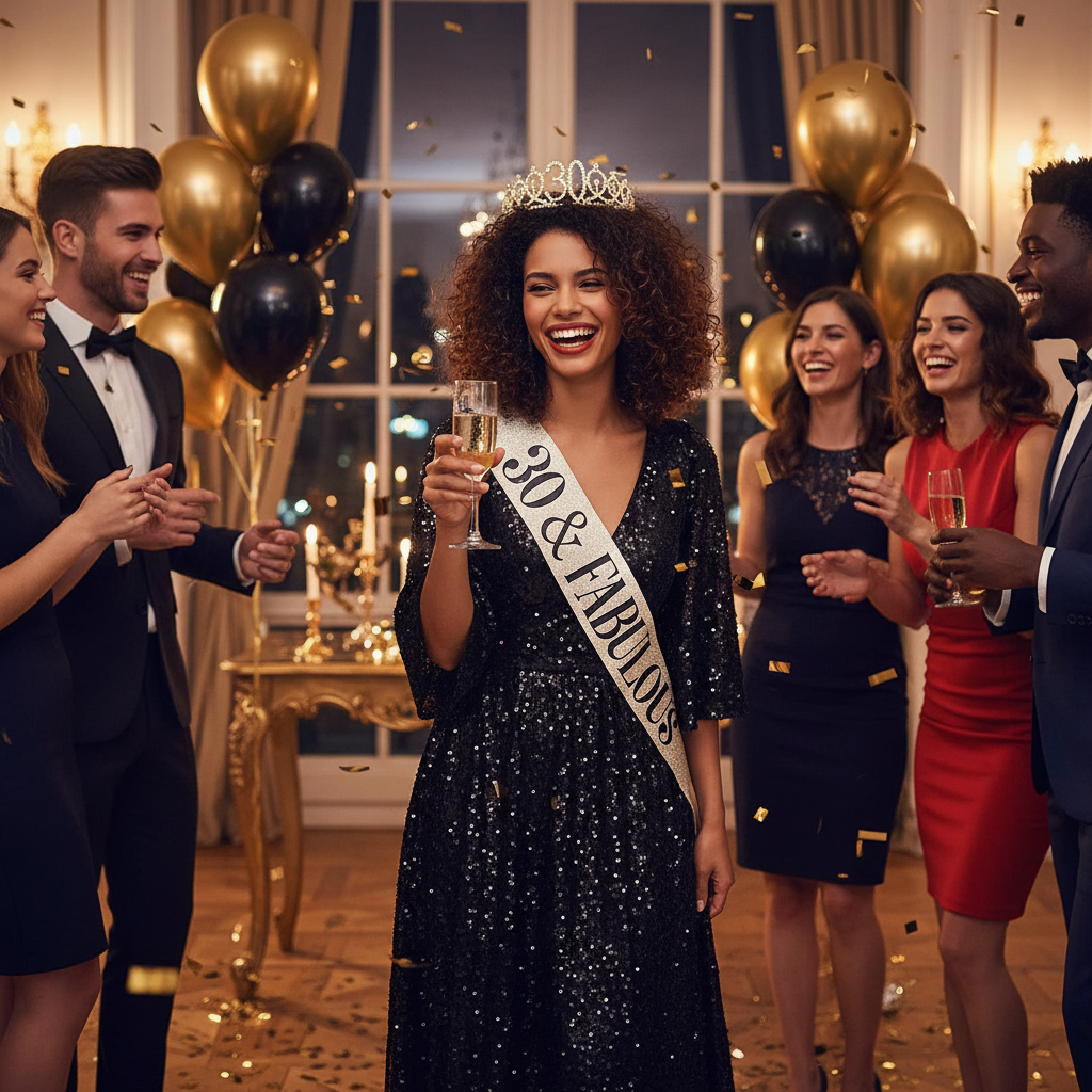 Woman celebrating 30th birthday wearing gold and black sparkle sash and tiara at elegant party