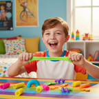 Happy child stretching a neon green farfalle Scrunchems pasta shape at a colourful desk with other shapes scattered around