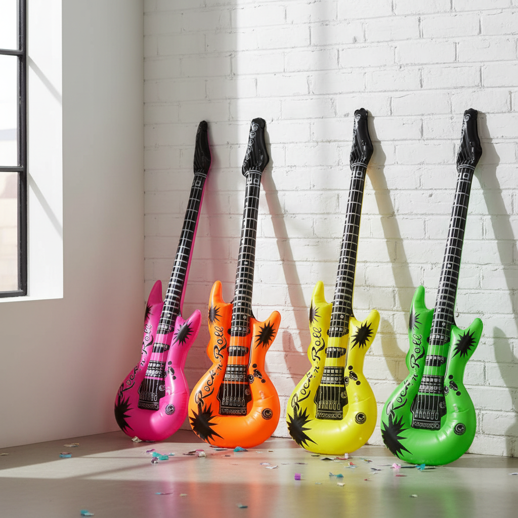 Four neon inflatable guitars leaning against a white wall in a party venue setting