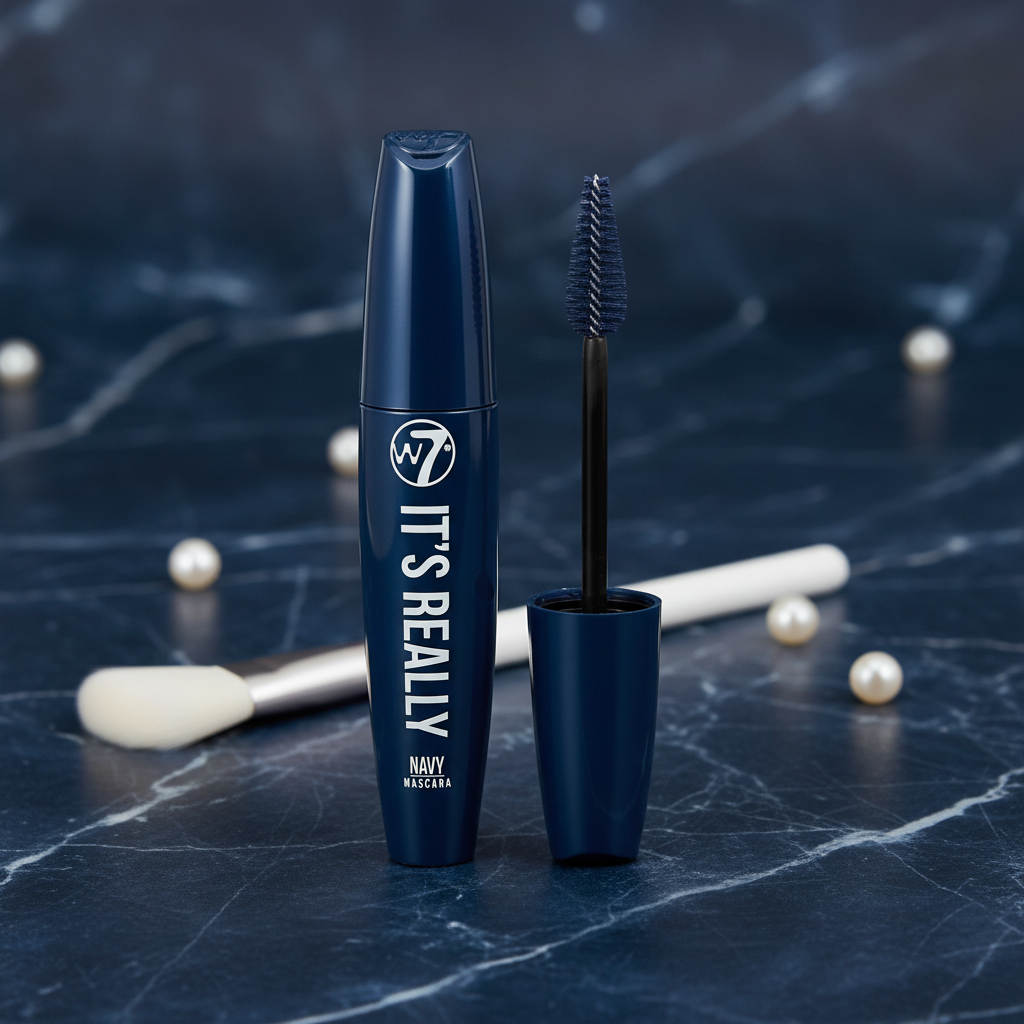 W7 It's Really Colour Mascara in Navy Blue on a sophisticated navy and white marble flat-lay with pearl accents, premium beauty product shot
