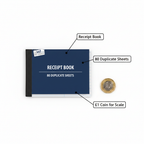 Just Stationery Receipt Book 80 Sheets flat lay beside a £1 coin showing compact size on white background