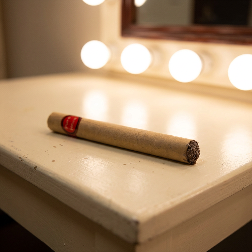 A single rolled cigar resting on a light-colored wooden vanity table with warm, glowing round bulbs in the background.