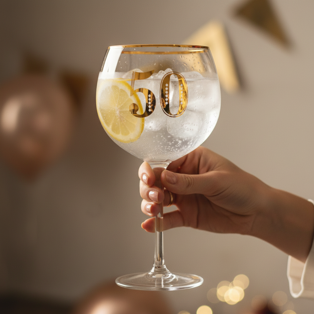 Woman's hands holding Art Deco 50th Birthday Gin Glass filled with gin and tonic, candid lifestyle moment