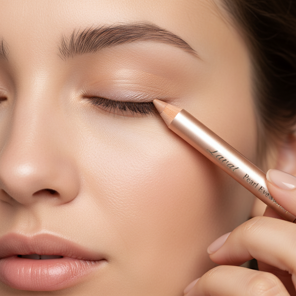 Woman applying Laval Pearl Eye Shader Topaz eyeshadow pencil to her eyelid in a natural beauty setting