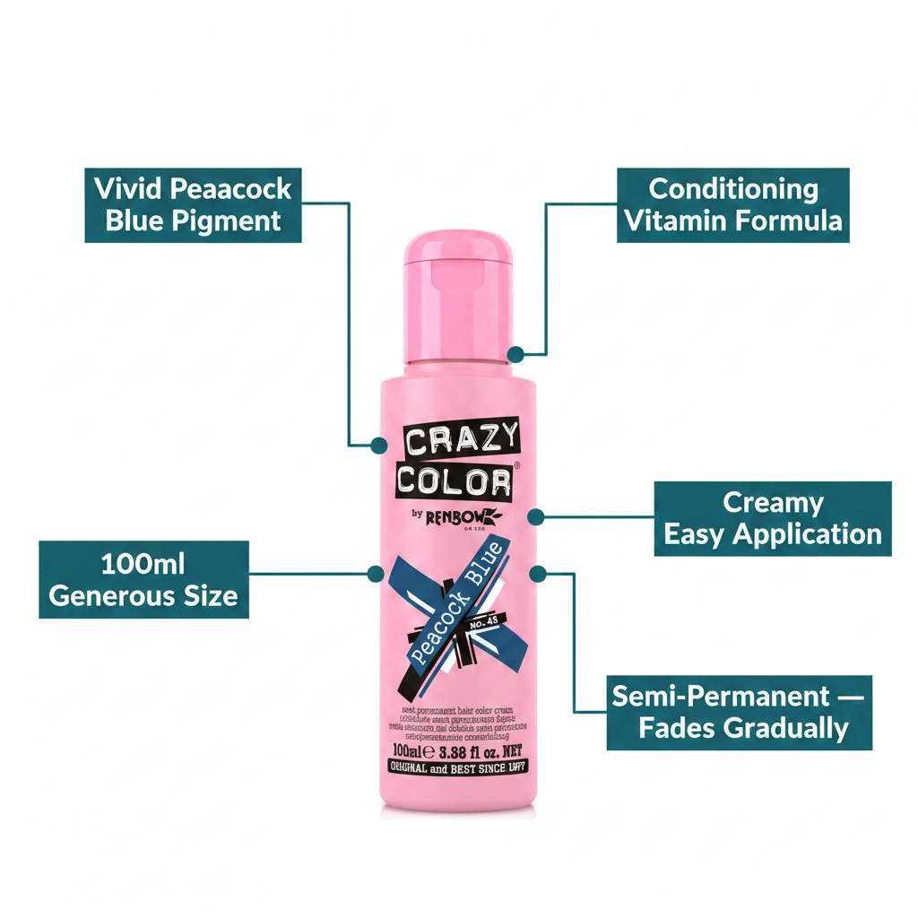 Crazy Color Peacock Blue Hair Dye 100ml feature infographic highlighting vivid pigment, conditioning formula, easy application, semi-permanent formula and 100ml size