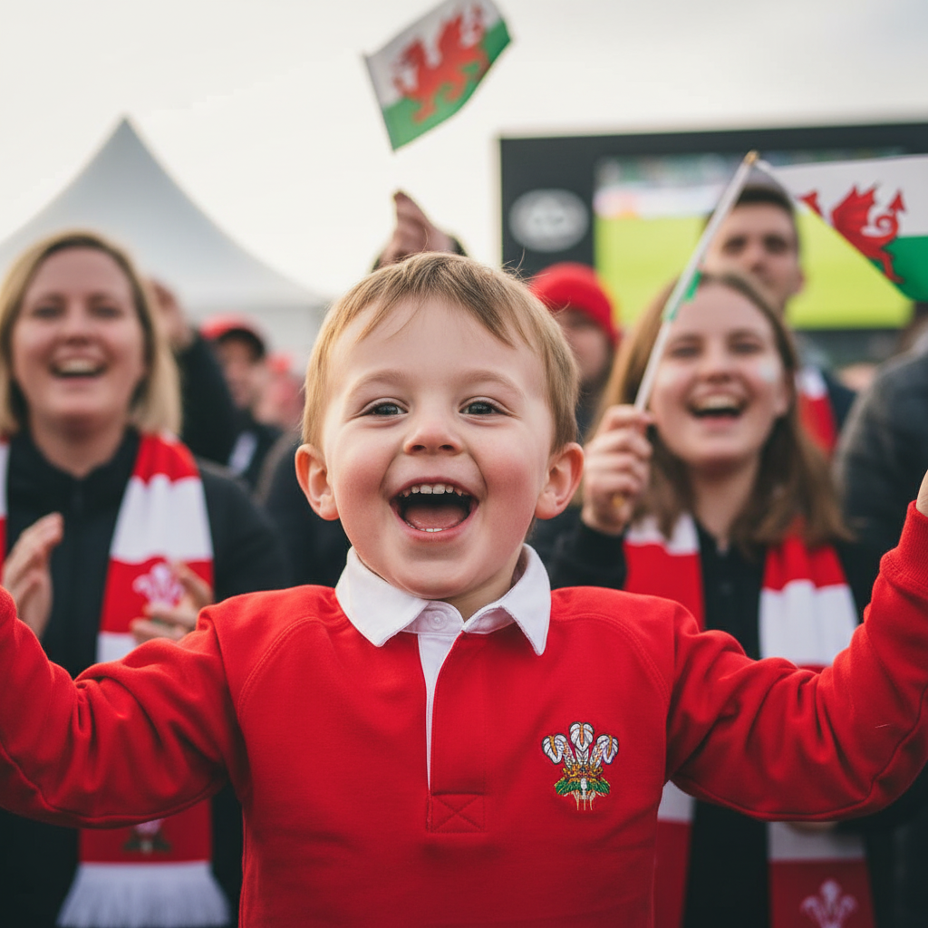 Child wearing Welsh red rugby shirt at celebration