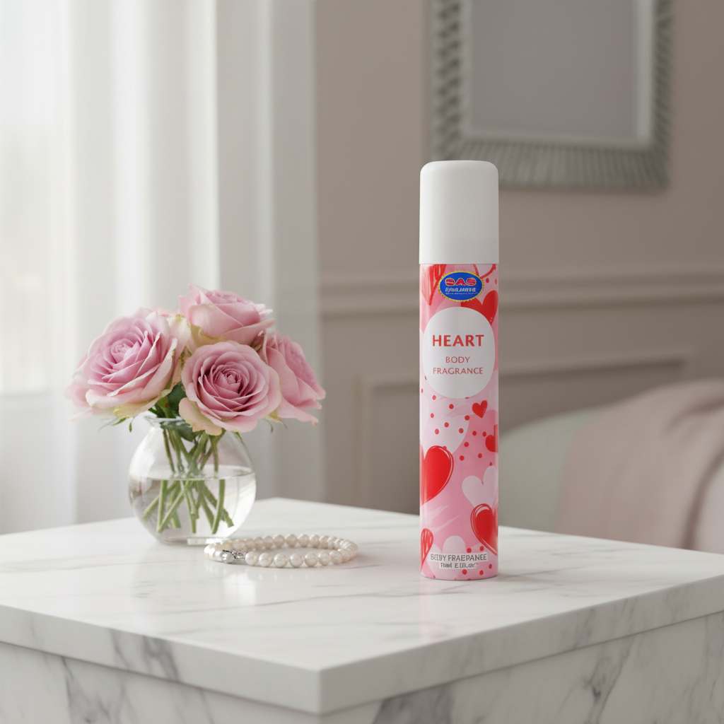 Insette Heart Body Fragrance 75ml on a white marble dressing table beside fresh pink roses and pearl necklace, natural window light, premium beauty lifestyle
