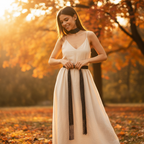 Bohemian woman tying metallic black fringe scarf at golden hour in an autumn outdoor setting
