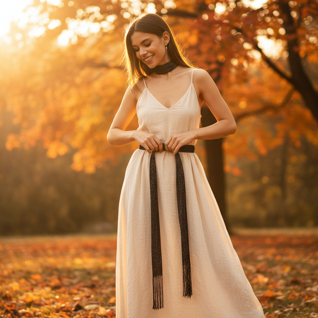 Bohemian woman tying metallic black fringe scarf at golden hour in an autumn outdoor setting