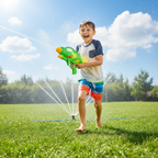 Child running through garden sprinkler with Hydrostorm Water Gun 28cm - Why Not Shop
