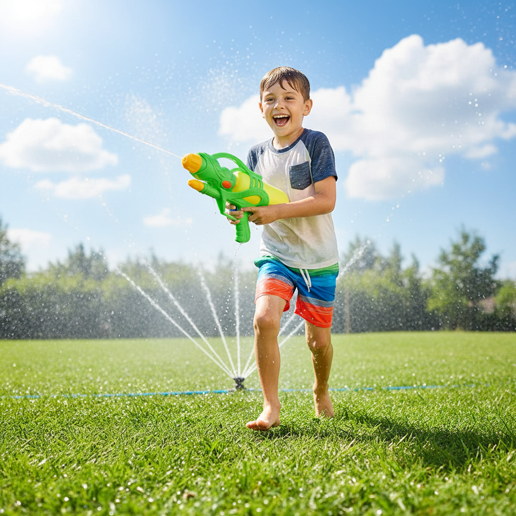 Child running through garden sprinkler with Hydrostorm Water Gun 28cm - Why Not Shop