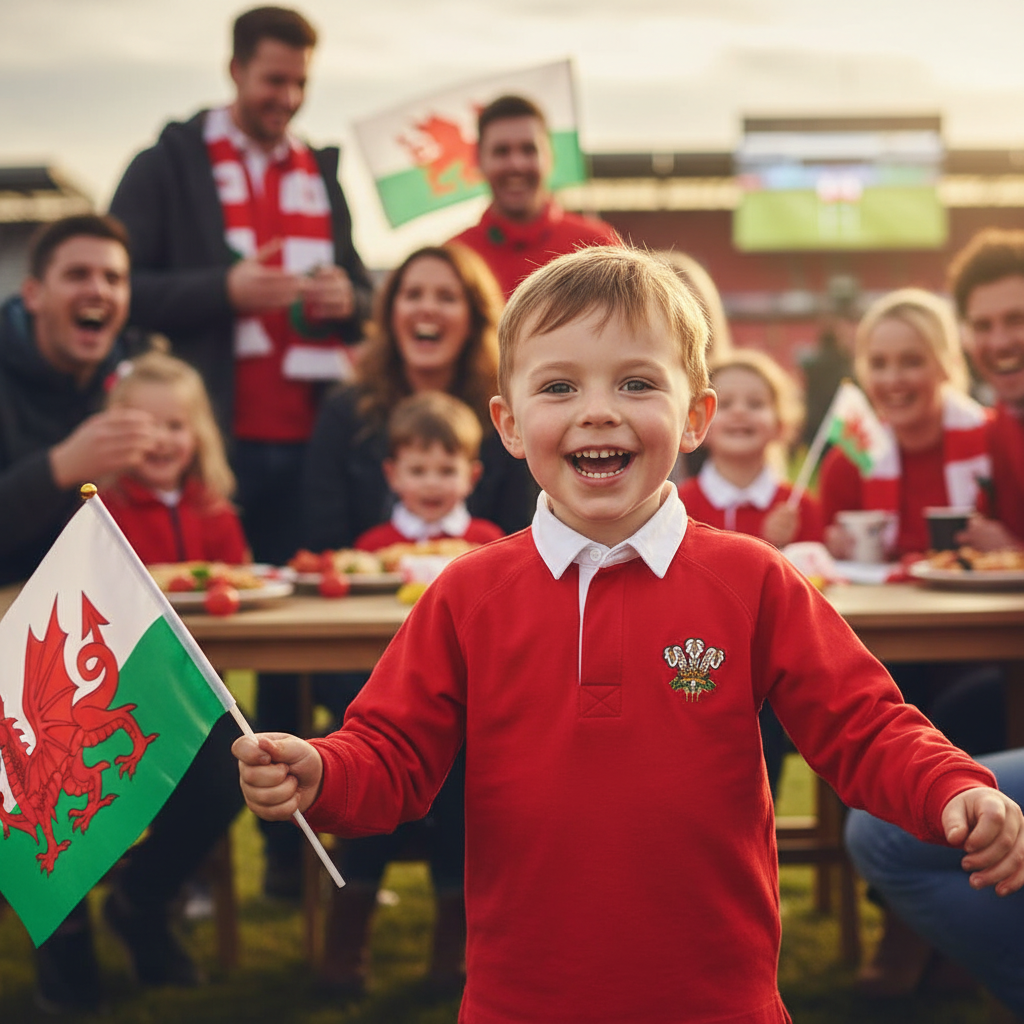Child wearing Welsh red rugby shirt at celebration