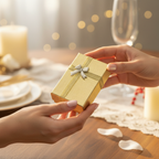 Woman holding gold gift box with bow - perfect for jewellery gifts and special occasions