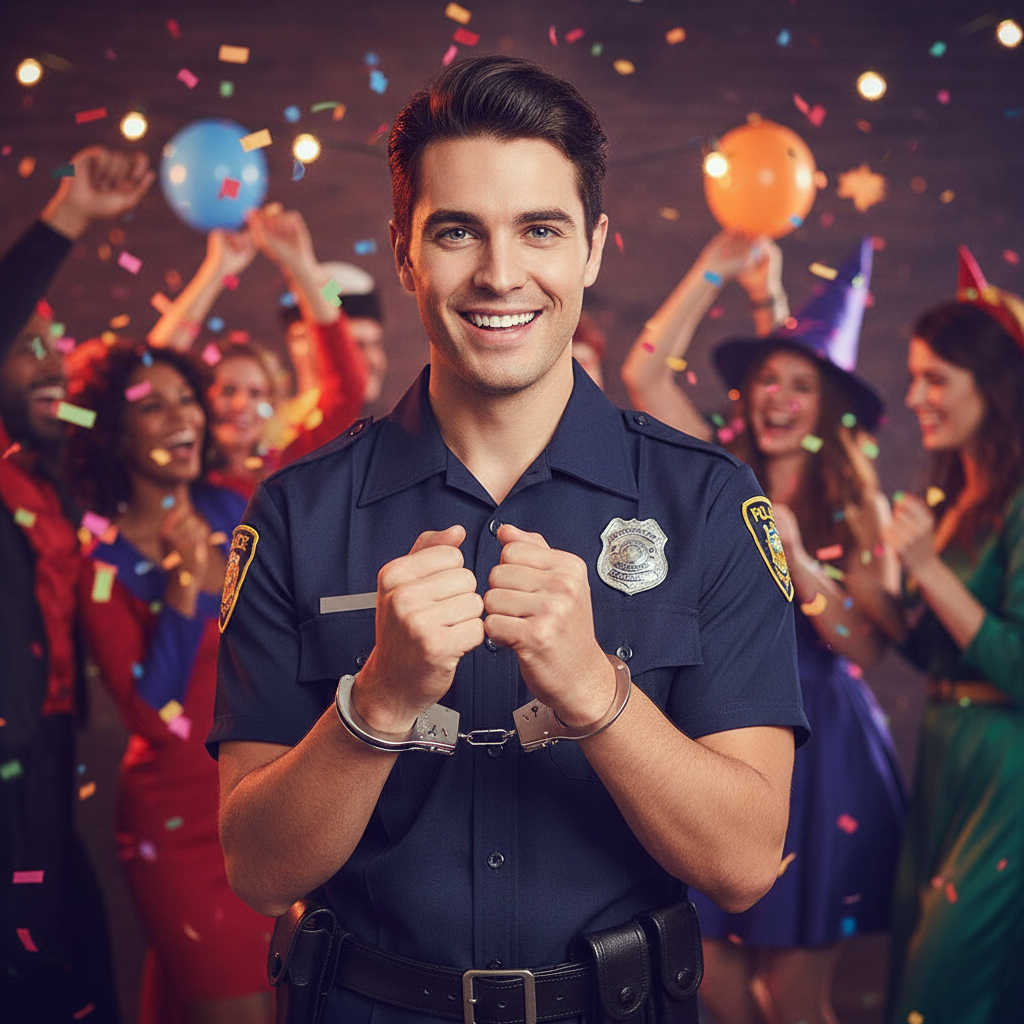 Person wearing metal handcuffs as part of police costume at party - lifestyle image