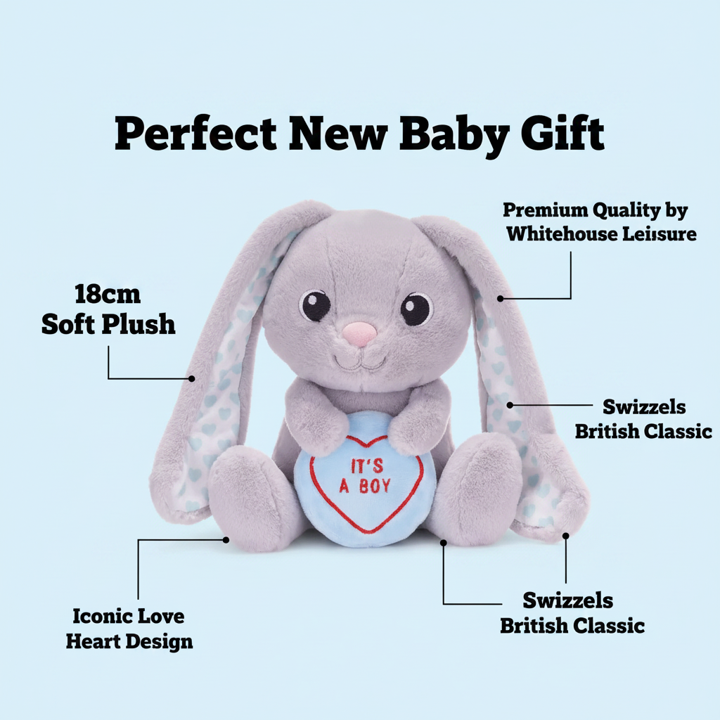 Swizzels Love Heart It's A Boy 18cm plush bunny infographic showing key features: soft plush, iconic design, premium quality, perfect baby gift