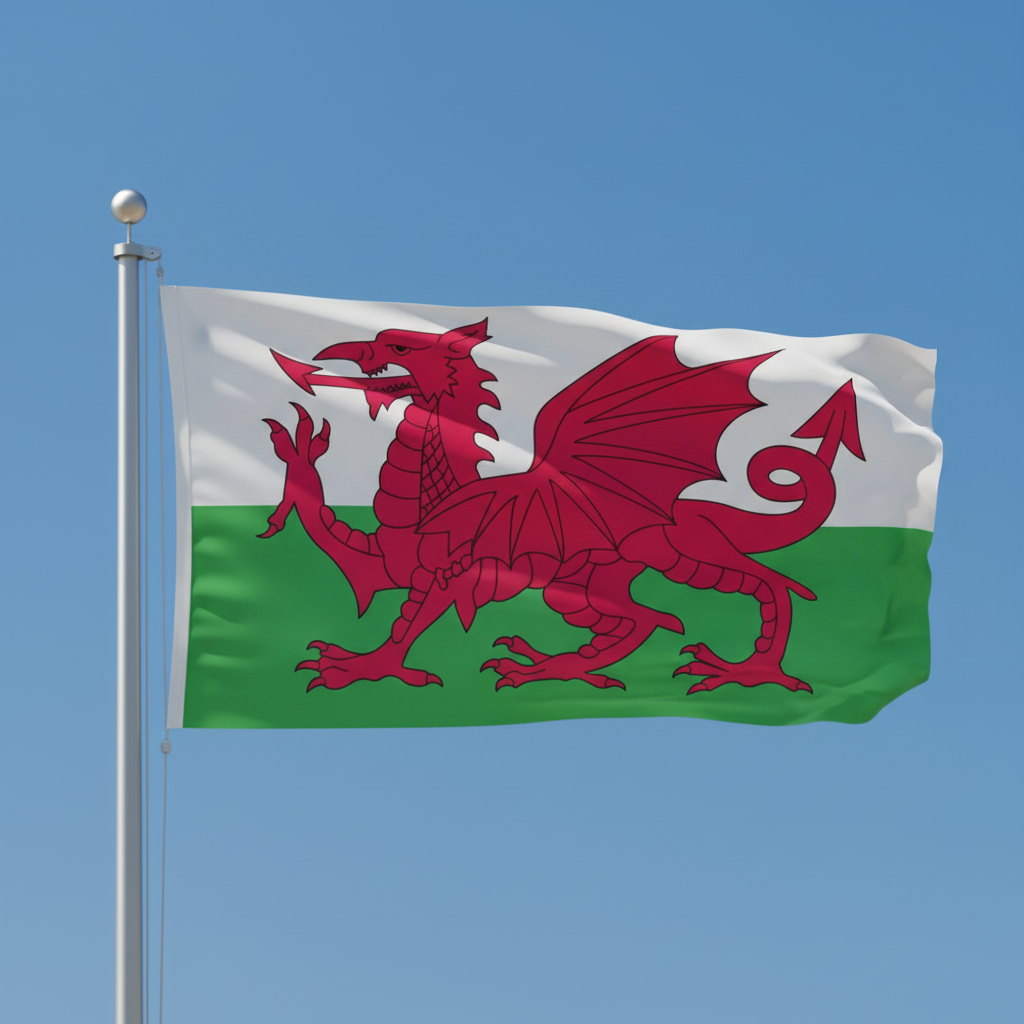 Lightweight Welsh Dragon Flag 5ft x 3ft waving outdoors with vibrant red dragon on white and green background