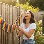 Woman hanging Rainbow Gay Pride Bunting with 11 rectangular rainbow flags in a sunny garden