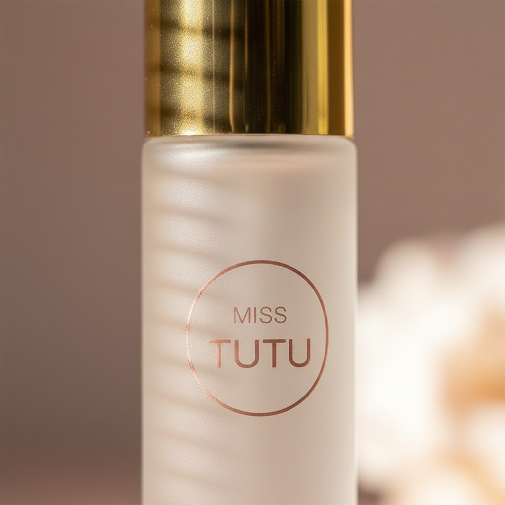 Extreme macro close-up of Miss Tutu frosted glass bottle texture and metallic gold cap — showcasing premium material quality