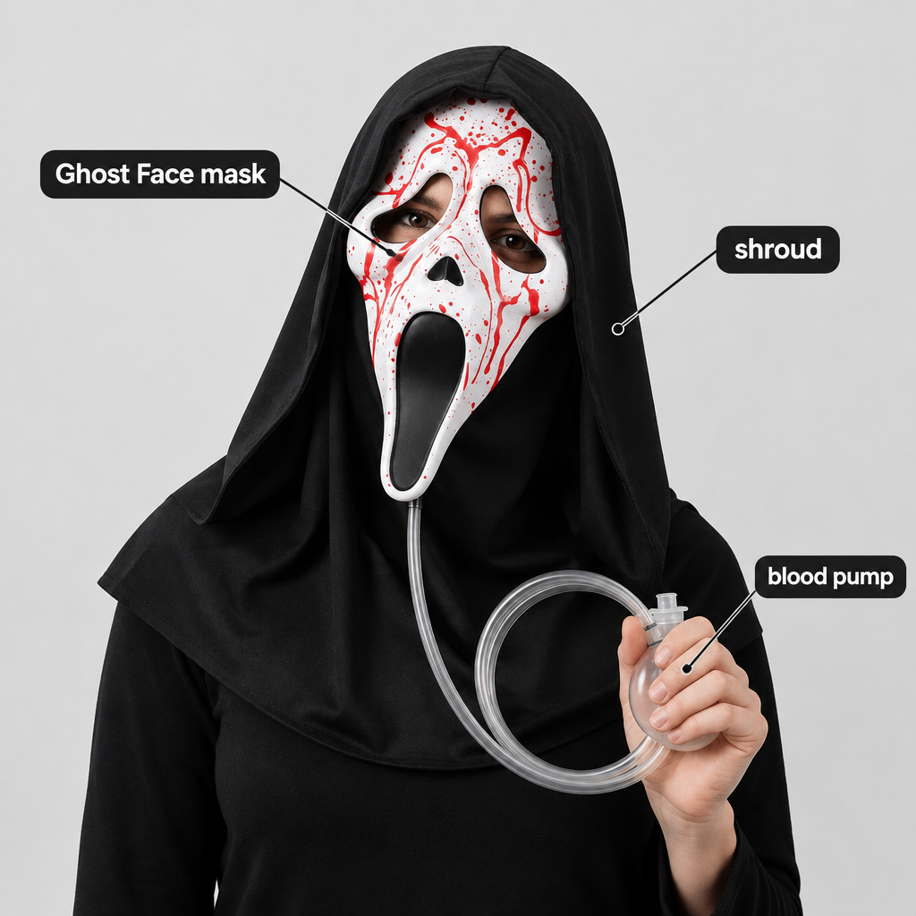 Screaming Ghost Face mask with shroud and blood pump shown with feature callouts