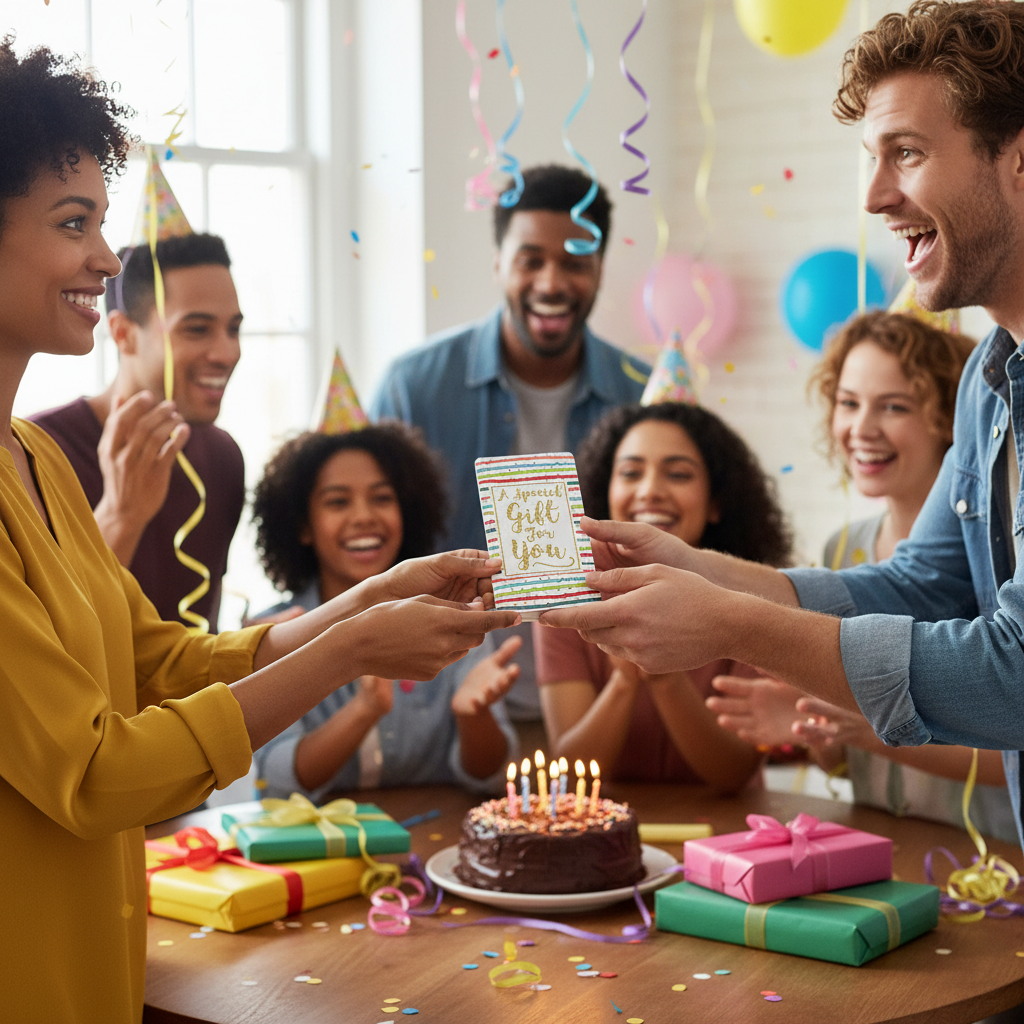 Person giving birthday money wallet at celebration party with decorations