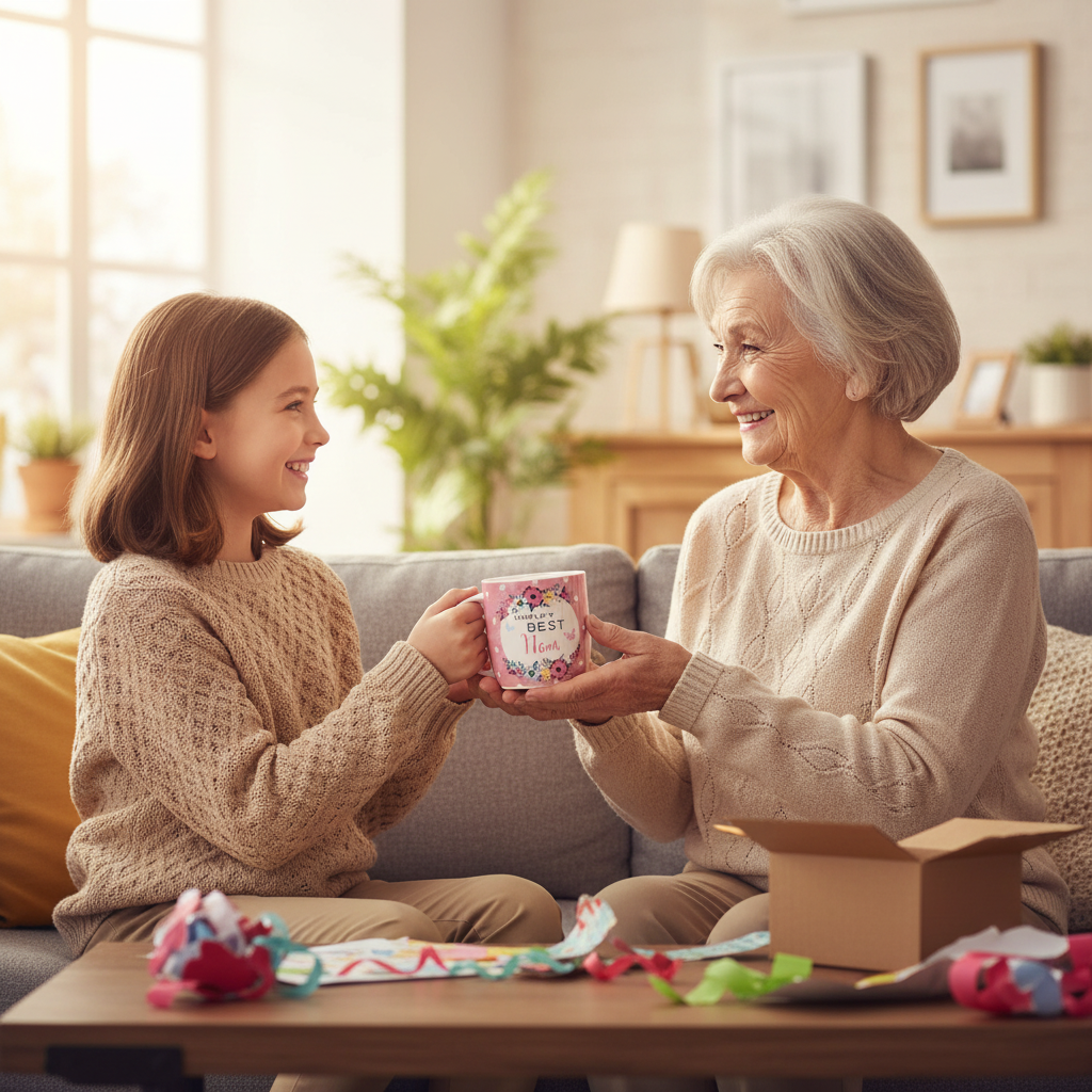 Grandchild presenting World's Best Nan mug as a gift to their grandmother
