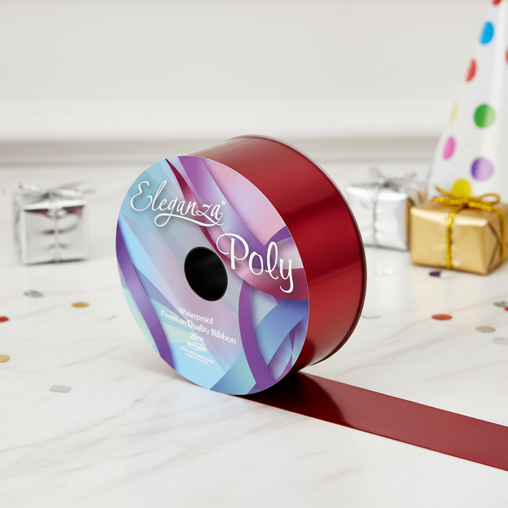 Eleganza Poly Ribbon 50mm x 25m Metallic Red spool on white background