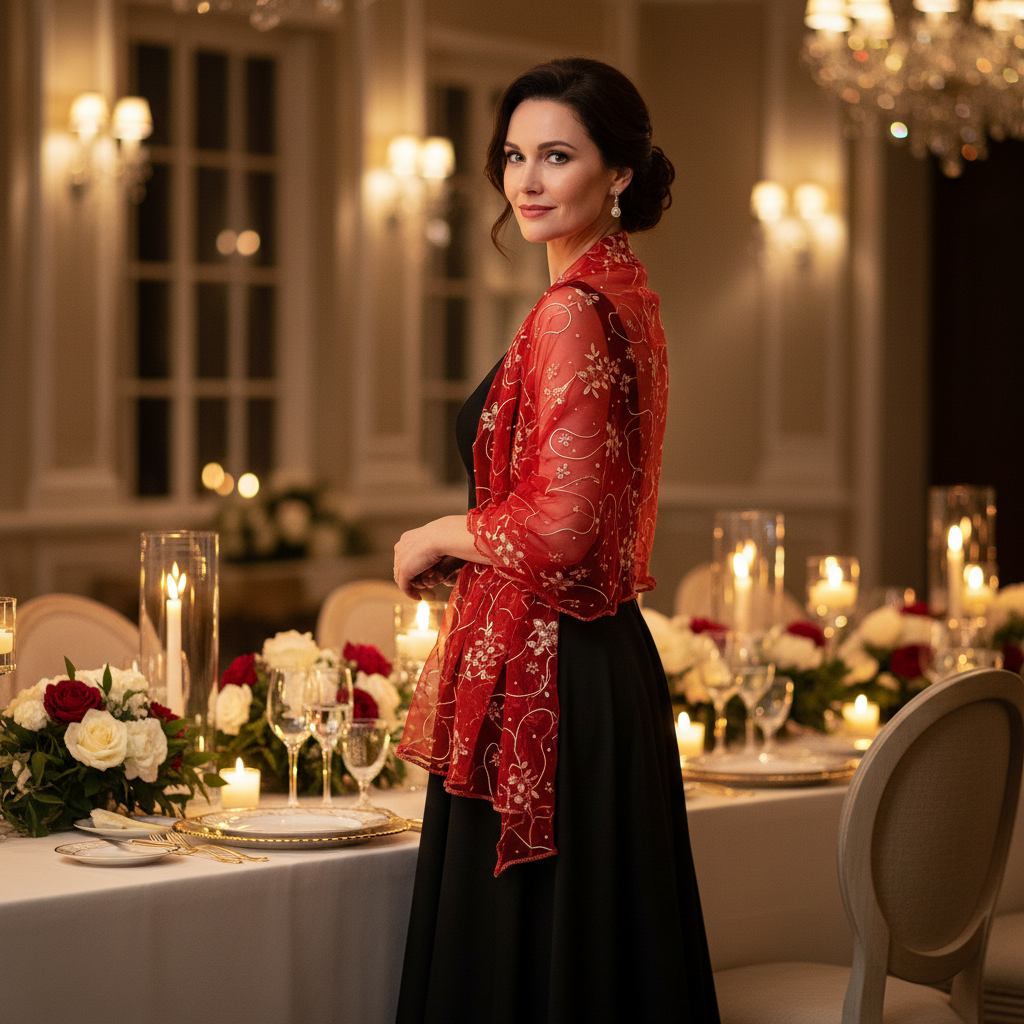 Sophisticated woman wearing red sheer chiffon scarf with gold embroidery draped over black evening gown at candlelit formal dinner