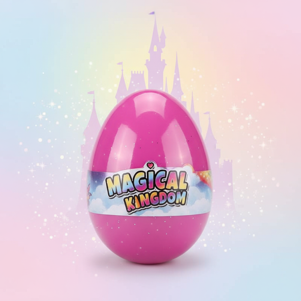 Magical Kingdom Enchanted Egg Assorted surprise toy with dreamy pastel magical kingdom background, collectible surprise egg for kids