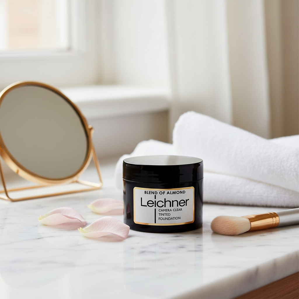 Leichner Camera Clear Foundation Blend of Almond on marble vanity with brush and natural window light