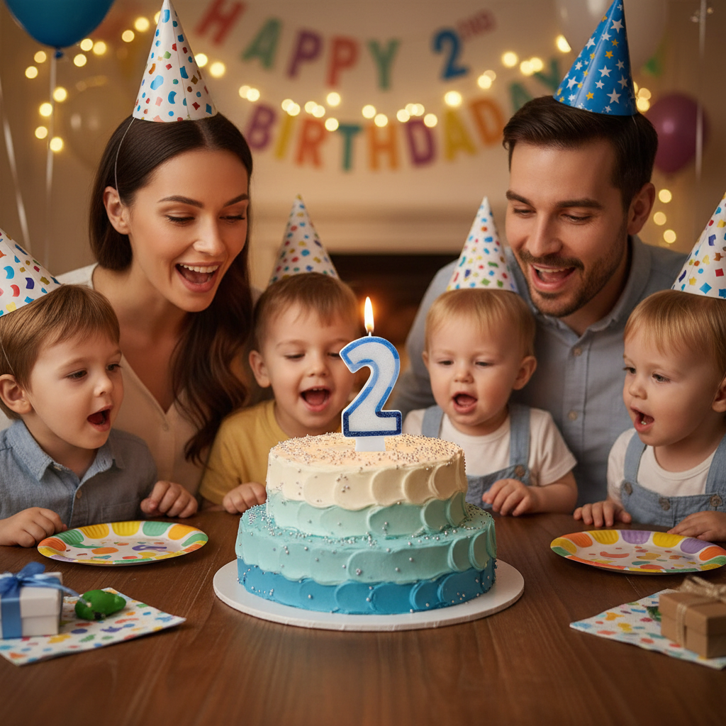 Family gathered around birthday cake with lit Blue Number 2 Candle celebrating together - Why Not Shop