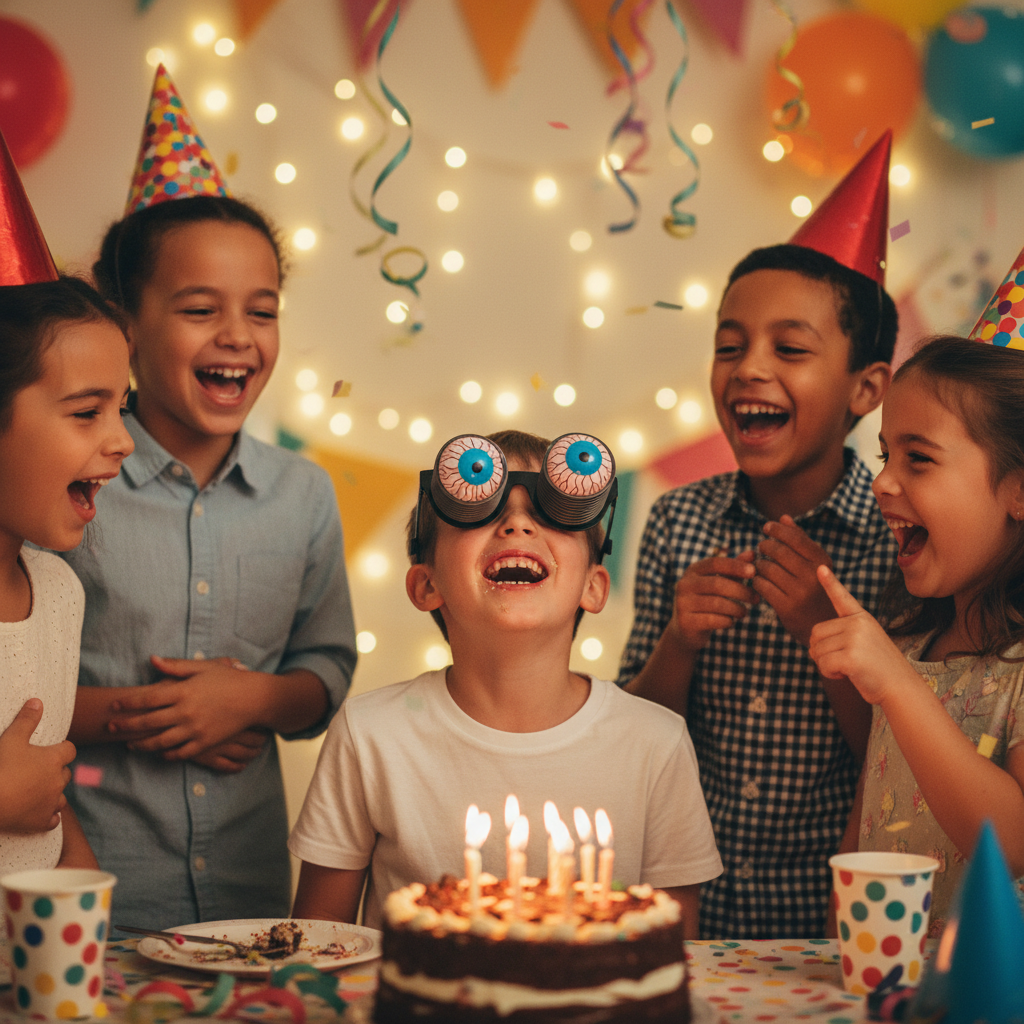 Child wearing joke pop-out eye glasses at a birthday party surrounded by laughing friends — warm golden party lighting aspirational scene
