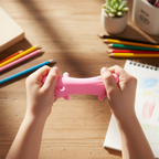 Child playing with pink stretchy pig toy - hands squeezing stress relief toy