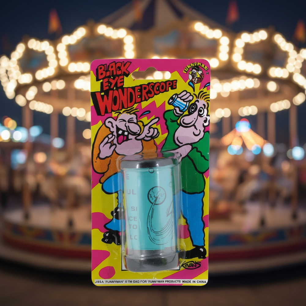 Joke Black Eye Viewer novelty prank toy on colourful carnival background