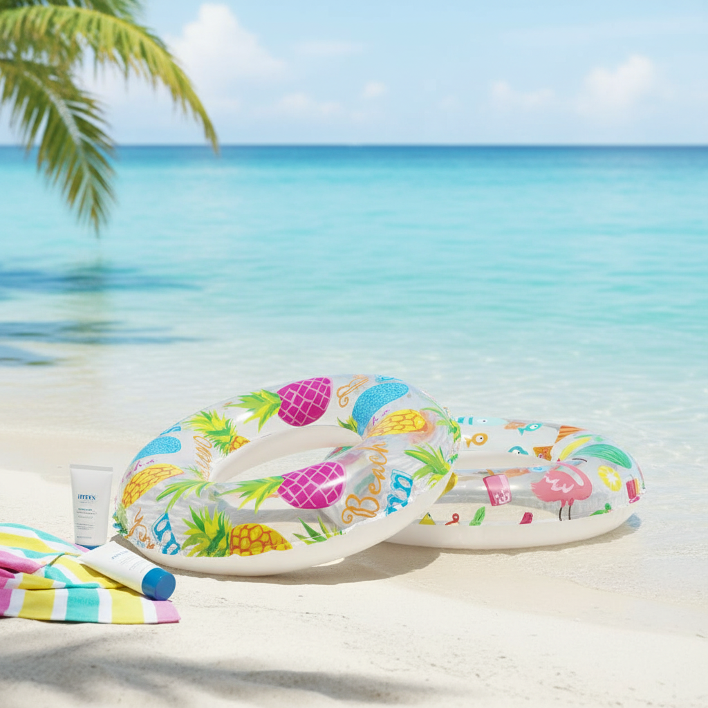 Two Intex inflatable swim rings resting at poolside with beach towel and sunscreen — natural summer lifestyle setting