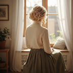 Woman seen from behind with beautifully styled 613 Daisy platinum blonde curly messy bun updo, showing the effortless end result