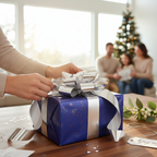 Customer wrapping elegant gift with metallic silver ribbon