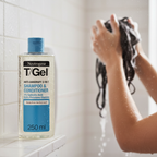 Neutrogena T/Gel 2-in-1 Anti-Dandruff Shampoo on shower shelf with person lathering hair