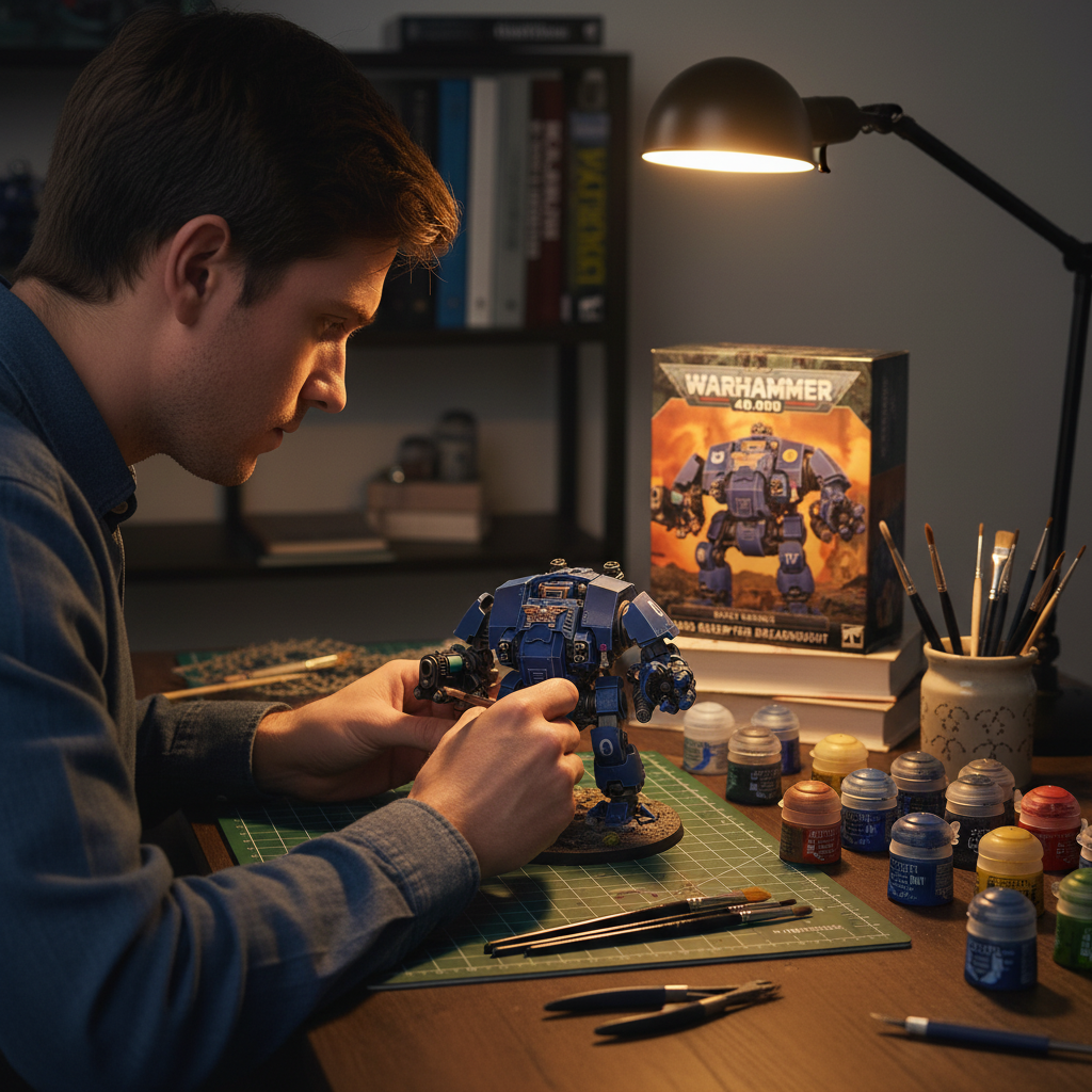 Hobbyist painting Primaris Redemptor Dreadnought miniature at painting desk