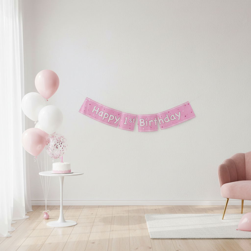 Pink Glitz 1st Birthday banner displayed in beautifully decorated party room
