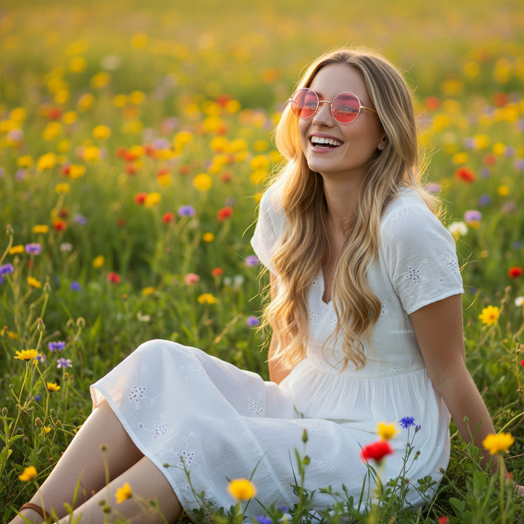 Woman wearing hippy glasses with pink lenses sitting in a sunny wildflower field, smiling in a light summer dress