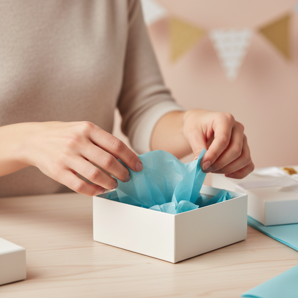 Woman's hands placing light blue tissue paper into a white gift box, candid gift wrapping moment with warm bokeh background