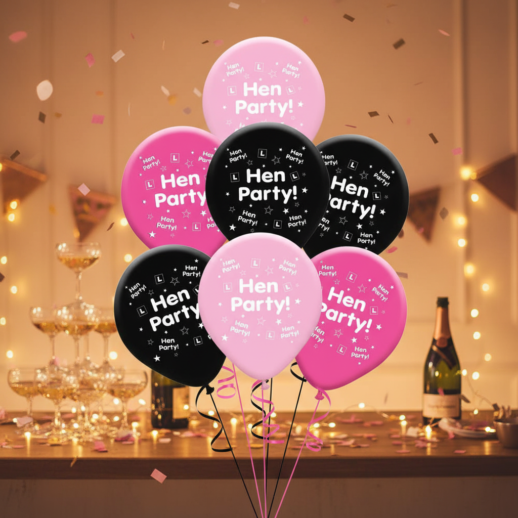 Pack of 8 pink and black hen party latex balloons arranged in a bouquet against a glamorous party background