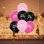 Pack of 8 pink and black hen party latex balloons arranged in a bouquet against a glamorous party background