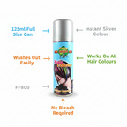 Party Success Silver Hair Colour Spray 125ml feature infographic showing key benefits including instant colour, washes out, and works on all hair types
