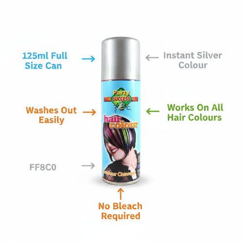 Party Success Silver Hair Colour Spray 125ml feature infographic showing key benefits including instant colour, washes out, and works on all hair types