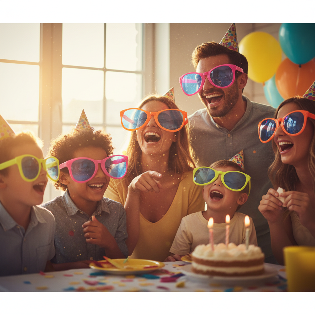 Family wearing giant neon clown glasses laughing together at a birthday party